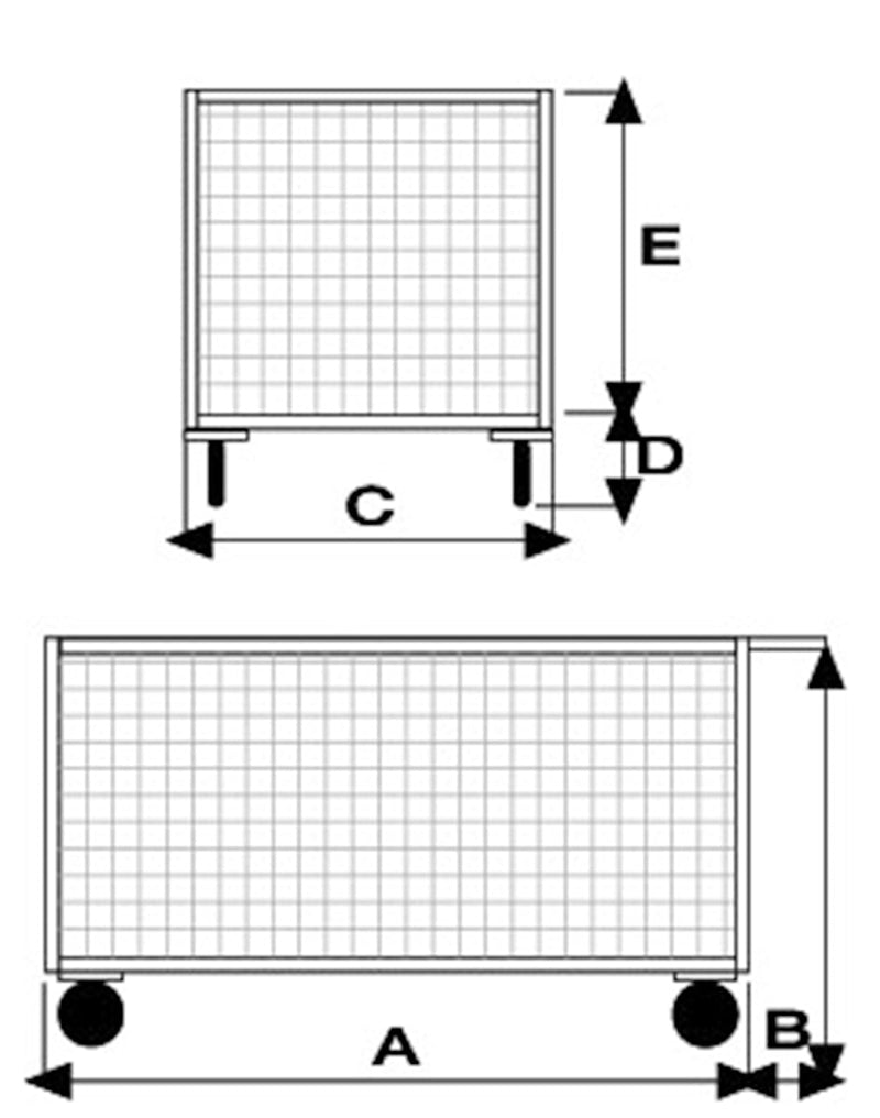 Pianale a 4 sponde in rete verniciato con ruote antiforatura, 4 ruote girevoli di cui 2 con freno