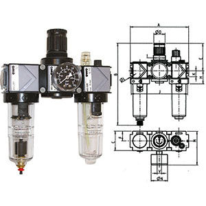 Gruppi filtro-riduttore-lubrificatore variobloc con svuotamento automatico - bicchieri in policarbonato trasparente - 3464gcpa 3/8