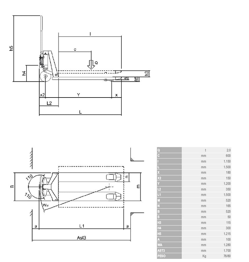 Il Transpallet manuale 20/S in acciaio inox AISI 304