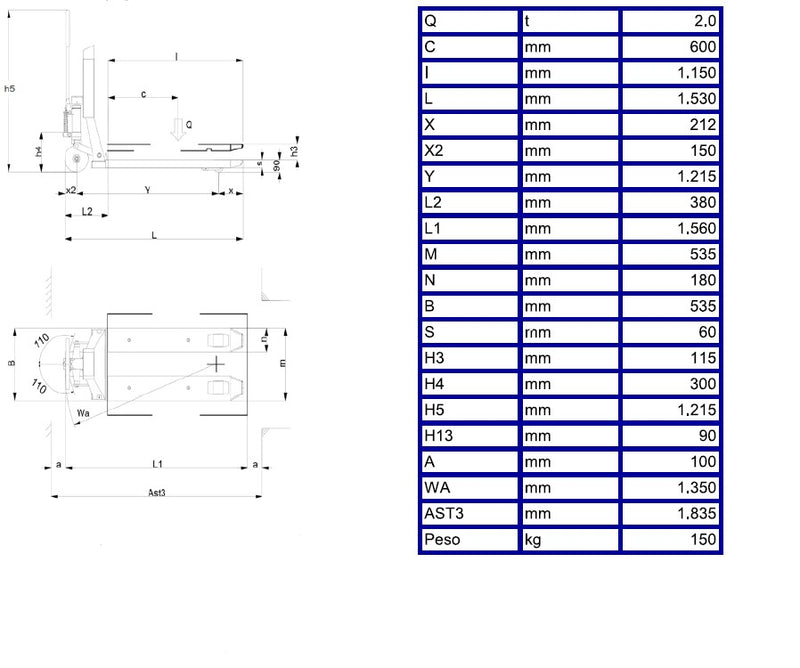 Transpallet manuale con bilancia-20 T in A304