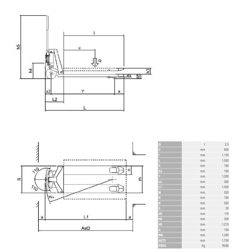 Transpallet manuale/s-20 in acciaio inox in A304