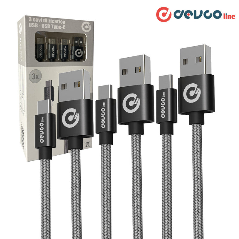 Kit set di 3 cavi usb [1 m, 2 m, 3 m] cavo ricarica attacco usb-a / usb-c