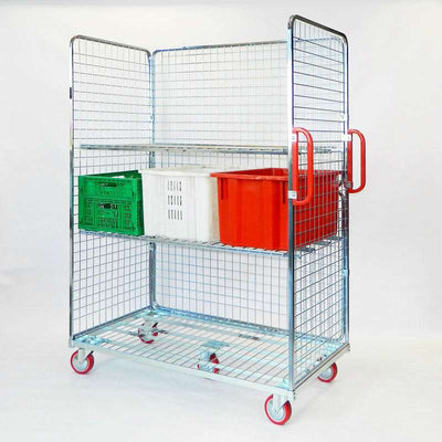 Rollcontainer maglia 50x50 1305x680x1800h picking con 3 pareti ruote ø106x38,5 in ny+pu 4 girevoli + 1 fissa corazzata centrale