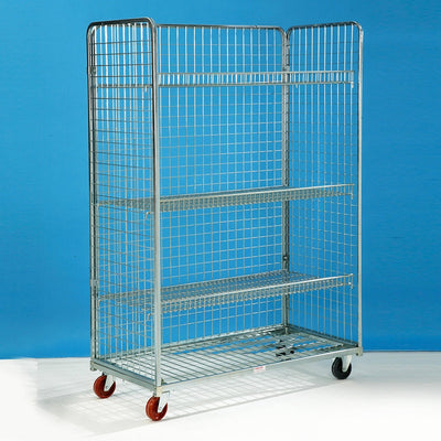 Rollcontainer espositore 1200x600x1800h maglia 50x50 con 3 pareti ruote ø106x40 in pp 2 fisse + 2 girevoli