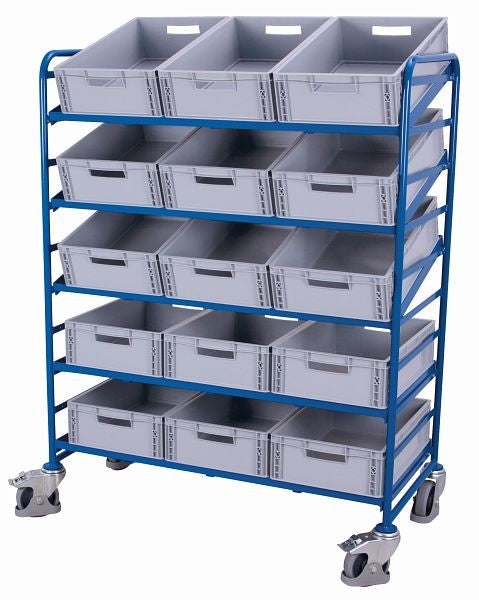 Variofit euro box trolley con 15 scatole di plastica, portata 250 kg pneumatici in gomma termoplastica, sw-610.302